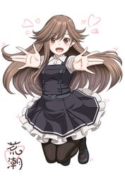  arashio_(kantai_collection) black_footwear black_legwear brown_eyes brown_hair character_name commentary_request dress foreshortening frilled_dress frills highres jumping kantai_collection long_hair long_sleeves looking_at_viewer mary_janes pantyhose pinafore_dress remodel_(kantai_collection) shirt shoes simple_background smile t2r white_background white_shirt 