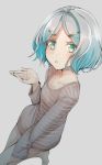  1girl :o bangs blue_hair blush brown_shirt comah eyebrows_visible_through_hair gradient_hair green_eyes grey_background grey_hair grey_legwear hair_ornament hairclip hand_up highres long_sleeves looking_at_viewer multicolored_hair no_shoes original pantyhose parted_bangs parted_lips shirt simple_background solo standing standing_on_one_leg striped striped_shirt 