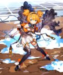  1girl ahoge bare_shoulders blue_eyes bo_ren breasts clouds commentary_request elbow_gloves fingerless_gloves full_body garter_straps gloves hairband highres leaning_forward looking_to_the_side needle orange_hair original safety_pin sewing_needle short_hair short_twintails side_slit small_breasts solo thigh-highs twintails water zipper_pull_tab 