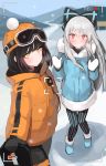  2girls absurdres black_hair bow caws_(girls_frontline) girls_frontline goggles goggles_on_headwear hair_bow highres mittens mountain multiple_girls pn_pixi pose recording red_eyes road self_shot selfie_stick snow snowing tokarev_(girls_frontline) white_hair woollen_cap yellow_eyes 