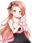  1girl absurdres bare_shoulders blush brown_eyes brown_hair collarbone commentary_request dress eyebrows_visible_through_hair hairband highres idolmaster long_hair looking_at_viewer minase_iori red_eyes smile solo stuffed_animal stuffed_bunny stuffed_toy zipgaemi 