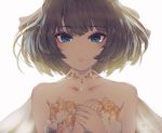  1girl bangs bare_shoulders blue_eyes brown_hair cape choker collarbone commentary_request dated eyebrows_visible_through_hair gem hands_on_own_chest idolmaster idolmaster_cinderella_girls jewelry looking_at_viewer minyom own_hands_together pendant short_hair signature simple_background solo strapless takagaki_kaede upper_body white_background yellow_choker 