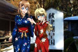  antenna_hair aqua_eyes blonde_hair blue_eyes blue_kimono breasts floral_print genya_(genya67) green_eyes hair_ornament highres japanese_clothes kimono large_breasts lips long_hair obi open_mouth red_kimono sash tanya_degurechaff youjo_senki yukata 