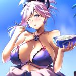  1girl asymmetrical_hair bangs bikini blue_bikini blue_eyes blush breasts criss-cross_halter day earrings eating fate/grand_order fate_(series) hair_ornament halterneck jewelry large_breasts looking_at_viewer miyamoto_musashi_(fate/grand_order) muneshiro_(hitsuji_kikaku) one_eye_closed parted_lips pink_hair solo swept_bangs swimsuit udon upper_body 