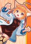  1girl :o ahoge animal_ears breasts cat_ears cat_girl cat_tail claw_pose fumiku highres hood hood_down hoodie medium_hair no_pants open_clothes open_hoodie open_mouth orange_eyes orange_hair original outline shirt tail thigh-highs 