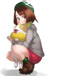  1girl ankle_boots bangs boots brown_eyes brown_footwear brown_hair chorogon cross-laced_footwear dog dress full_body gen_8_pokemon green_headwear green_legwear grey_cardigan hat highres holding holding_pokemon long_sleeves looking_away pink_dress plaid plaid_legwear pokemon pokemon_(creature) pokemon_(game) pokemon_swsh short_hair sideways_glance simple_background squatting tam_o&#039;_shanter tongue tongue_out white_background yamper yuuri_(pokemon) 