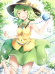  1girl :d bangs bare_arms barefoot black_headwear blush bow bubble commentary_request eyebrows_visible_through_hair green_eyes green_skirt hat hat_bow highres holding komeiji_koishi looking_at_viewer nagomian open_mouth short_hair skirt sleeveless smile solo third_eye touhou yellow_bow 
