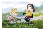  2girls absurdres animal_ears black_hair blonde_hair blurry blurry_background blush closed_mouth dated fox_ears fox_girl fox_tail fur_collar gloves green_eyes highres kemono_friends long_hair looking_at_another multicolored_hair multiple_girls open_mouth photo-referenced pleated_skirt red_skirt roonhee short_sleeves sidelocks skirt standing tail thigh-highs tibetan_sand_fox_(kemono_friends) two-tone_hair vest white_hair 
