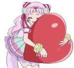  1girl :d ^_^ ^o^ back_bow bangs bare_shoulders blunt_bangs bow closed_eyes clover_earrings cure_yell detached_sleeves double_bun eyelashes flower hair_flower hair_ornament hair_ribbon heart heart_hair_ornament hug hugtto!_precure leaning_forward lipstick magical_girl makeup nono_hana open_mouth pink_hair pink_skirt pom_poms precure red_ribbon ribbon simple_background skirt smile solo star_twinkle_precure teliot thigh-highs white_background white_legwear 