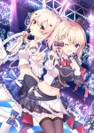  2girls ;d absurdres arm_warmers ayanami_(azur_lane) ayanami_(troubled_star_idol)_(azur_lane) azur_lane bare_shoulders belt black_skirt blonde_hair blue_eyes blue_footwear blue_skirt bow breasts brown_legwear checkered checkered_floor crop_top detached_sleeves dutch_angle frilled_skirt frills gloves glowstick hair_bow hair_ornament hat headgear highres holding holding_microphone holding_sword holding_weapon idol leg_up long_hair long_sleeves looking_at_viewer looking_back medium_breasts microphone midriff mini_hat miniskirt multiple_girls navel one_eye_closed open_mouth orange_eyes plaid plaid_skirt pleated_skirt ponytail shirt shoes short_hair skirt sleeveless sleeveless_shirt smile stage_lights stomach sword takeg05 thigh-highs top_hat v weapon white_gloves white_legwear white_shirt wide_sleeves wing_collar z23_(azur_lane) z23_(serious_idol_-_is_she_also_the_manager!?)_(azur_lane) zettai_ryouiki 