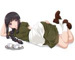  1girl alternate_costume black_hair blush braid breasts brown_footwear cup dd_(ijigendd) dress eyebrows_visible_through_hair full_body green_dress hair_ribbon kantai_collection kitakami_(kantai_collection) long_hair looking_at_viewer lying medium_breasts on_side open_mouth ribbon sidelocks simple_background single_braid smile socks solo tray tress_ribbon violet_eyes white_background white_legwear 