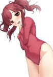  1girl :d bangs blush breasts brown_eyes brown_hair commentary_request covered_navel eyebrows_visible_through_hair groin hair_ribbon hands_up highleg highres idolmaster idolmaster_cinderella_girls kuroba_aki long_hair long_sleeves looking_at_viewer medium_breasts ogata_chieri open_mouth red_ribbon red_sweater ribbed_sweater ribbon sidelocks simple_background smile solo sweater turtleneck_leotard twintails white_background 