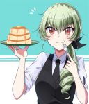 1girl :t alternate_costume alternate_hairstyle anchovy bangs bite_mark black_neckwear black_ribbon black_vest butter commentary dress_shirt drill_hair eating eyebrows_visible_through_hair food fork girls_und_panzer green_hair hair_over_shoulder hair_ribbon holding holding_fork holding_plate light_blush long_hair looking_at_viewer nakaba_neteru necktie notice_lines pancake plate ponytail red_eyes reverse_trap ribbon shirt single_drill sleeves_rolled_up solo vest waiter white_shirt wing_collar 