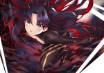  1girl :o bangs black_bodysuit black_bow black_eyes black_gloves black_hair blush bodysuit bow cleavage_cutout commentary_request eyebrows_visible_through_hair fate/grand_order fate_(series) flat_chest from_above full_body gloves hair_bow highres horns long_hair looking_at_viewer looking_up multicolored_hair open_mouth parted_bangs redhead reuri_(tjux4555) solo space space_ishtar_(fate) two-tone_hair two_side_up v_arms very_long_hair 