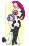  blue_hair blue_oni buchichu couple green_eyes kojirou_(pokemon) musashi_(pokemon) oni pokemon pokemon_(anime) red_oni redhead team_rocket yellow_background 