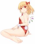  1girl alternate_costume arm_support ass bangs bare_arms bare_legs bare_shoulders barefoot blonde_hair blush bow bowtie breasts bunny_tail commentary_request crystal detached_collar fake_tail flandre_scarlet hair_between_eyes hair_bow leotard long_hair looking_at_viewer miyo_(ranthath) no_hat no_headwear one_side_up playboy_bunny_leotard red_bow red_eyes red_neckwear simple_background sitting small_breasts smile solo tail thighs touhou wariza white_background wings wrist_cuffs 