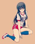  1girl blush breasts buruma glasses graphite_(medium) gym_uniform harasyu1 highres large_breasts long_hair muvluv muvluv_alternative schwarzesmarken shirt socks t-shirt traditional_media 