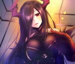  1girl absurdres artist_request azur_lane bangs bare_shoulders black_hair blush breasts commentary_request eyebrows_visible_through_hair friedrich_der_grosse_(azur_lane) gloves hair_over_one_eye highres lap_pov large_breasts long_hair looking_at_viewer open_mouth red_gloves red_horns smile solo very_long_hair yellow_eyes 
