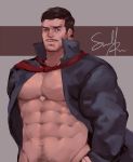  1boy abs absurdres arms_at_sides bara black_jacket blue_eyes brown_hair facial_hair guoguo highres jacket looking_at_viewer male_focus muscle mustache necktie open_clothes open_jacket original pectorals red_neckwear sketch solo standing stubble 