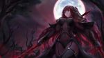  1girl bare_tree bodysuit breasts choseon commentary_request covered_navel fate/grand_order fate_(series) full_moon gae_bolg hair_intakes highres holding holding_weapon large_breasts leotard long_hair moon night outdoors pauldrons polearm purple_bodysuit purple_hair purple_leotard red_eyes revision scathach_(fate)_(all) scathach_(fate/grand_order) shoulder_armor skin_tight spear tree wallpaper weapon 
