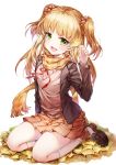  1girl :d bangs blonde_hair blunt_bangs brown_cardigan brown_footwear cardigan eyebrows_visible_through_hair green_eyes hair_ornament hair_scrunchie highres idolmaster idolmaster_cinderella_girls idolmaster_cinderella_girls_starlight_stage jougasaki_rika leaf long_hair looking_at_viewer open_mouth orange_skirt plaid plaid_scarf plaid_skirt red_neckwear red_ribbon ribbon scarf school_uniform scrunchie shoes simple_background sitting skirt smile soen solo two_side_up wariza white_background yellow_scarf 