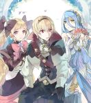  1boy 2girls azura_(fire_emblem) black_bow black_gloves black_hairband blonde_hair blue_hair bow brother_and_sister closed_mouth dress elbow_gloves elise_(fire_emblem) fingerless_gloves fire_emblem fire_emblem_fates fire_emblem_heroes gloves hair_between_eyes hair_bow hairband highres hukashin jewelry leo_(fire_emblem) long_hair long_sleeves multiple_girls necklace open_mouth pendant red_eyes short_hair siblings smile twintails veil violet_eyes white_gloves yellow_eyes 