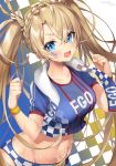 1girl absurdres bangs blonde_hair blue_eyes blush bradamante_(fate/grand_order) braid breasts cheerleader crop_top fate/grand_order fate_(series) french_braid hair_between_eyes hands_up heroic_spirit_festival_outfit highres ishita_umi large_breasts long_hair looking_at_viewer open_mouth parted_bangs smile solo sweat twintails very_long_hair wristband 