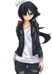  1girl artist_name bangs black_hair black_jacket black_pants blue_eyes bow casual closed_mouth commentary cowboy_shot dark_skin denim girls_und_panzer hair_bow hair_over_one_eye highres jacket jeans kakimoto_nao long_hair long_sleeves looking_at_viewer ogin_(girls_und_panzer) pants ponytail red_bow shirt signature simple_background smile solo standing torn_clothes torn_jeans torn_pants white_background white_shirt 