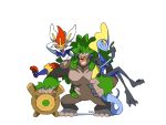 animal_ears ban_(3551702) carrying cinderace drum gen_8_pokemon head_fins instrument inteleon looking_at_viewer no_humans on_shoulder open_mouth pokemon pokemon_(creature) rabbit_ears rillaboom simple_background smile tail 