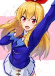  1girl :d aikatsu! aikatsu!_(series) arm_up bangs blazer blonde_hair blue_jacket blush eyebrows_visible_through_hair gomashi_(goma) hair_between_eyes hair_ribbon hairband hand_up highres hoshimiya_ichigo jacket long_hair long_sleeves looking_at_viewer miniskirt open_mouth pink_background pleated_skirt red_eyes red_hairband red_ribbon revision ribbon school_uniform shirt skirt smile solo star starlight_academy_uniform starry_background two-tone_background very_long_hair white_background white_shirt white_skirt 