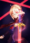  1girl absurdres artoria_pendragon_(all) black-framed_eyewear blonde_hair braid breasts cowboy_shot excalibur fate/grand_order fate_(series) french_braid glasses highres large_breasts mysterious_heroine_x_(alter) open_mouth outstretched_arm scarf school_uniform semi-rimless_eyewear serafuku solo tiri_man under-rim_eyewear yellow_eyes 