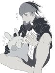  1boy baby_bottle barefoot bottle dark_skin dark_skinned_male feeding gen_6_pokemon goomy greyscale hairlocs headband highres kibana_(pokemon) looking_at_another male_focus monochrome pokemon pokemon_(creature) pokemon_(game) pokemon_swsh shorts simple_background sitting white_background 