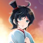  1girl black_hair blue_eyes gradient gradient_background hat highres japanese_clothes kantai_collection kimono long_sleeves looking_at_viewer matsukaze_(kantai_collection) meiji_schoolgirl_uniform mini_hat mini_top_hat short_hair smile solo tk8d32 top_hat wavy_hair 