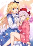  2girls arisaka_ako bestia blonde_hair blue_eyes blush breasts dress flower hair_ornament hair_ribbon hat highres jacket long_hair multiple_girls official_art open_mouth purple_hair ribbon short_hair yellow_eyes 