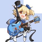  1girl :d arm_up bangs black_dress black_gloves black_headwear blonde_hair blue_background blue_bow blue_cape blush boots bow cape commentary_request dress electric_guitar eyebrows_visible_through_hair fingerless_gloves frilled_dress frills full_body girls_frontline gloves guitar hair_between_eyes hair_bow hat high_heel_boots high_heels highres holding holding_instrument instrument kneehighs matsuo_(matuonoie) mini_hat mini_top_hat mismatched_gloves nagant_revolver_(girls_frontline) open_mouth puffy_short_sleeves puffy_sleeves red_eyes short_sleeves smile solo standing striped striped_gloves striped_legwear tilted_headwear top_hat two-tone_background vertical-striped_gloves vertical-striped_legwear vertical_stripes white_background white_footwear white_gloves 