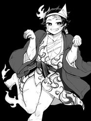 1boy ahan712 barefoot bath_yukata black_background company_connection cosplay earrings floating ghost greyscale grin hanten_(clothes) highres japanese_clothes jewelry kamado_tanjirou kimetsu_no_yaiba kimono leg_up looking_at_viewer male_focus monochrome scar shounen_jump simple_background smile triangular_headpiece yukata yunohana_yuuna yunohana_yuuna_(cosplay) yuragisou_no_yuuna-san 