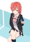  1girl absurdres black_hair blush bubble_tea crossed_legs hand_on_lap highres k-ya. kneehighs pink_hair plaid plaid_skirt red_ribbon redhead ribbon short_hair side_bun side_ponytail skirt smile solo uniform yahari_ore_no_seishun_lovecome_wa_machigatteiru. yuigahama_yui 