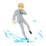  1boy :d black_footwear blonde_hair blue_neckwear collared_shirt eugeo formal green_eyes grey_jacket grey_pants highres jacket long_sleeves looking_at_viewer male_focus microphone necktie open_clothes open_jacket open_mouth pants reaching shirt smile solo striped sword_art_online transparent_background vertical-striped_jacket vertical-striped_pants vertical_stripes white_shirt wing_collar 