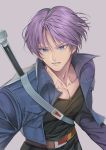  1boy arms_at_sides belt bishounen black_shirt blue_eyes collarbone denim denim_jacket dragon_ball dragon_ball_z eyebrows_visible_through_hair floating_hair grey_background jacket libeuo_(liveolivel) light_smile male_focus pants parted_lips pectorals purple_hair shiny shiny_hair shirt simple_background standing sword teeth trunks_(future)_(dragon_ball) upper_body weapon 