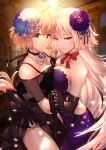  2girls absurdres ahoge bangs bare_shoulders black_choker black_dress black_gloves blonde_hair blue_eyes blurry braid breast_press breasts choker closed_mouth commentary_request contemporary depth_of_field dress elbow_gloves eyebrows_visible_through_hair fate/grand_order fate_(series) flower flower_request from_side gloves hair_between_eyes hair_flower hair_ornament highres holding_hands indoors jeanne_d&#039;arc_(alter)_(fate) jeanne_d&#039;arc_(fate) jeanne_d&#039;arc_(fate)_(all) large_breasts light_smile lips long_braid long_hair multiple_girls nakanishi_tatsuya neck_ribbon purple_dress red_ribbon ribbon see-through shiny shiny_clothes shiny_hair side_slit silver_hair single_braid tsurime very_long_hair yellow_eyes 