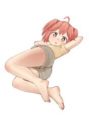  1girl ahoge bad_anatomy barefoot brown_eyes child easy_(aqk7bdqt) full_body grey_shorts hair_bobbles hair_ornament himari_(tokedase!_mizorechan) looking_at_viewer lying on_side pink_hair shirt short_hair short_sleeves shorts simple_background solo tokedase!_mizorechan white_background yellow_shirt 