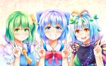  3girls :d antennae ascot bangs between_breasts blue_bow blue_eyes blue_hair blush bow breasts brown_eyes butterfly_wings cirno closed_mouth commentary_request daiyousei double_v eternity_larva eyebrows_visible_through_hair fairy_wings green_eyes green_hair hair_between_eyes hair_bow leaf leaf_on_head looking_at_viewer medium_breasts multiple_girls nagomian one_side_up open_mouth red_bow short_hair short_sleeves smile touhou upper_body v wings yellow_bow 