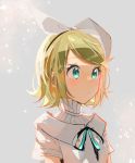  1girl absurdres aqua_eyes bangs blonde_hair bow collar commentary dress expressionless from_side hair_bow highres kagamine_rin light_blush miku_symphony_(vocaloid) note55885 ribbon short_hair short_sleeves solo sparkle swept_bangs upper_body vocaloid white_bow white_collar white_dress 