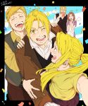  2girls 3boys :d ;d ^_^ ahoge alphonse_elric angel_wings apron black_border black_skirt blonde_hair blue_eyes blush border breasts brothers brown_coat brown_hair buttons closed_eyes coat collared_shirt commentary_request confetti covering covering_mouth crying dated dress dress_shirt earrings edward_elric father_and_son fingernails floating_hair from_above fullmetal_alchemist glasses good_brothers_day halo hand_on_another&#039;s_arm hands_clasped hands_on_another&#039;s_shoulders happy happy_tears highres jewelry long_hair looking_at_another looking_at_viewer looking_back medium_breasts mother_and_son multiple_boys multiple_girls one_eye_closed open_mouth outside_border outstretched_arm outstretched_hand own_hands_together pleated_skirt ponytail profile purple_dress shiny shiny_hair shirt short_sleeves siblings sidelocks skirt smile straight_hair tears teeth translated trisha_elric van_hohenheim vest white_apron white_shirt wings winry_rockbell yellow_eyes yellow_shirt yuppenta2 
