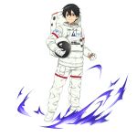  1boy astronaut astronaut_helmet black_eyes black_hair boots closed_mouth gloves highres kirito male_focus official_art pants shiny shiny_hair smile solo sword_art_online transparent_background white_footwear white_gloves white_pants 