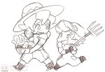  2boys baseball_cap basket brothers food freckles graphite_(medium) greyscale hat looking_at_another male_focus monochrome multiple_boys pitchfork pokemon pokemon_(game) pokemon_swsh running shiro_(tiotolv) siblings sun_hat traditional_media vegetable watermark yarrow&#039;s_brother yarrow_(pokemon) 