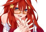  1girl bare_shoulders blue_eyes commentary_request face glasses go-toubun_no_hanayome hair_between_eyes hair_ornament interlocked_fingers long_hair looking_at_viewer nakano_itsuki off_shoulder open_mouth redhead shirt star star_hair_ornament striped striped_shirt yakutashi 