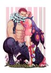  1boy 1girl abs artist_name bare_arms bare_chest bare_shoulders belt boots bug butterfly charlotte_katakuri chest chest_tattoo closed_mouth covered_mouth dress flipped_hair flower full_body gauntlets hand_on_own_thigh hand_rest headphones height_difference highres insect k164 light_smile lips long_sleeves looking_at_another messy_hair muscle nipples one_eye_closed one_knee one_piece open_clothes open_vest pants pectorals pink_dress pink_hair redhead scar scarf scarf_over_mouth short_dress short_hair sitting spikes spurs standing standing_on_one_leg stitches stomach_tattoo tattoo tiptoes very_short_hair vest vinsmoke_reiju 