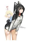  2girls andou_(girls_und_panzer) animal_ears bangs black_hair blonde_hair blue_eyes blush brown_eyes dark_skin girls_und_panzer hood hoodie leaning_forward medium_hair messy_hair multiple_girls oshida_(girls_und_panzer) tail tan3charge 