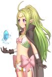  1girl adult ahoge bangs belt black_gloves circlet cloak closed_mouth commentary cute dragon_girl fire_emblem fire_emblem:_kakusei fire_emblem_awakening fire_emblem_heroes flat_chest floating floating_object gem gloves green_hair intelligent_systems lace long_hair looking_to_the_side manakete midriff navel nintendo nowi_(fire_emblem) nowi_(fire_emblem) parted_bangs pendant pointy_ears ponytail rere_(yusuke) ribbon short_shorts shorts simple_background smile solo sparkle teenage violet_eyes white_background 